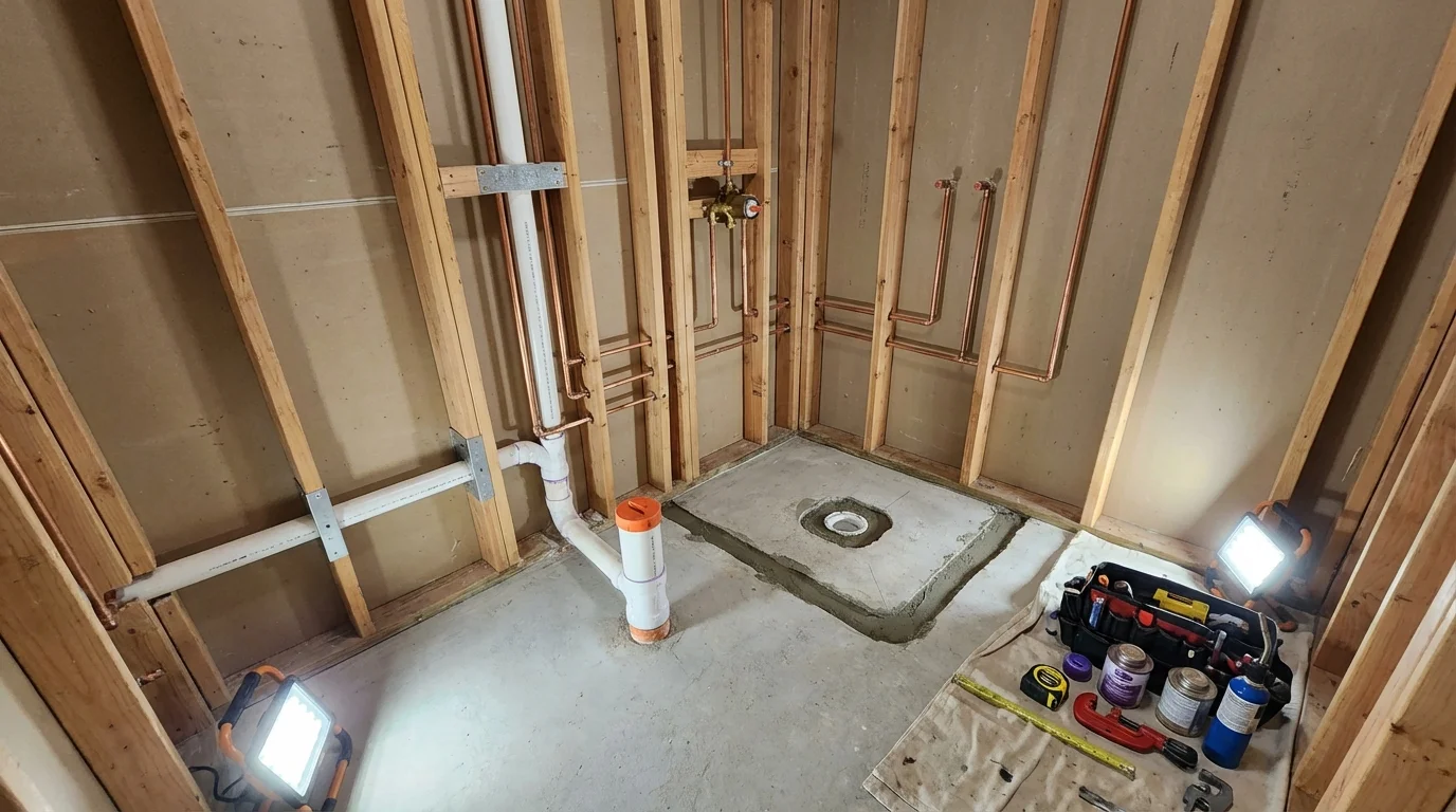 Bathroom rough-in plumbing during remodel by Johns Plumbing LLC in Diboll