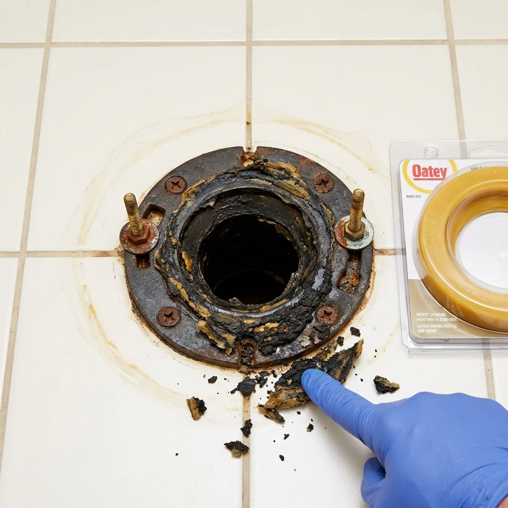 Failed wax ring showing water seepage at the base of a toilet in a Diboll, TX home