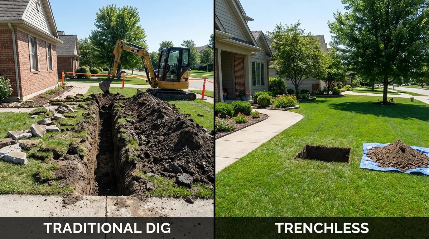 Trenchless sewer repair with minimal yard damage versus traditional excavation in Diboll, TX