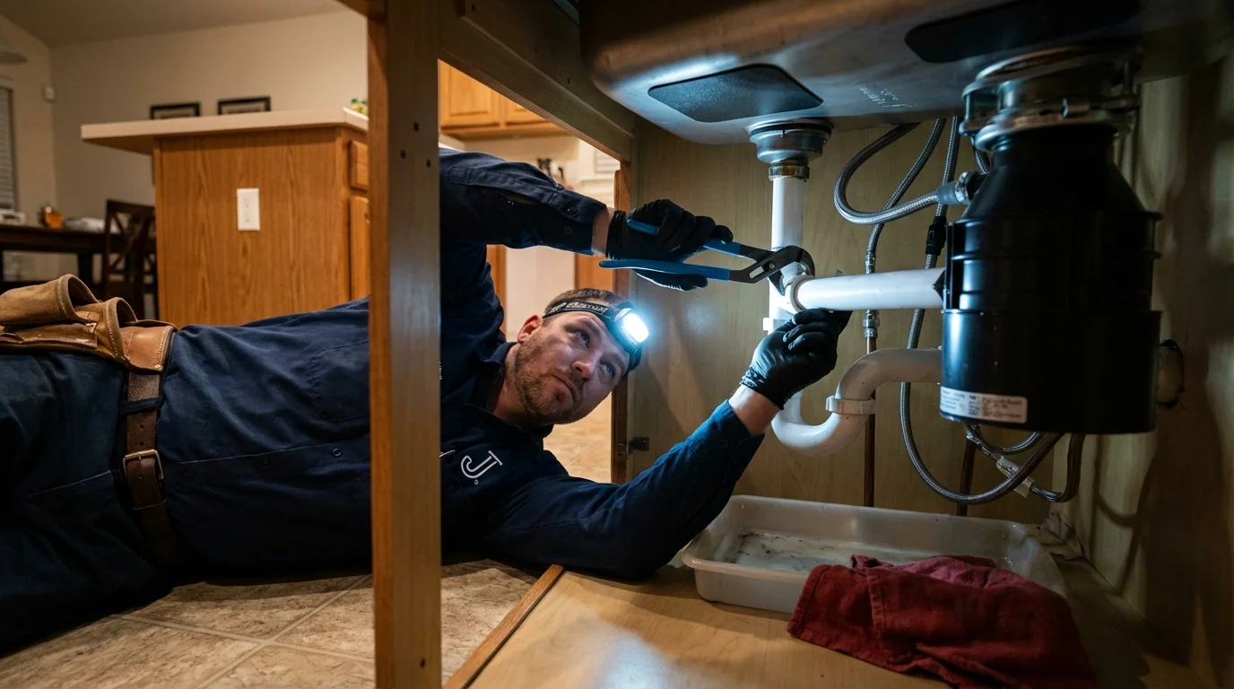 P-trap and supply line connections under a kitchen sink showing a common leak point in Diboll, TX